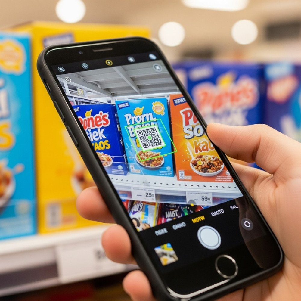 Phone scanning a QR code on product packaging